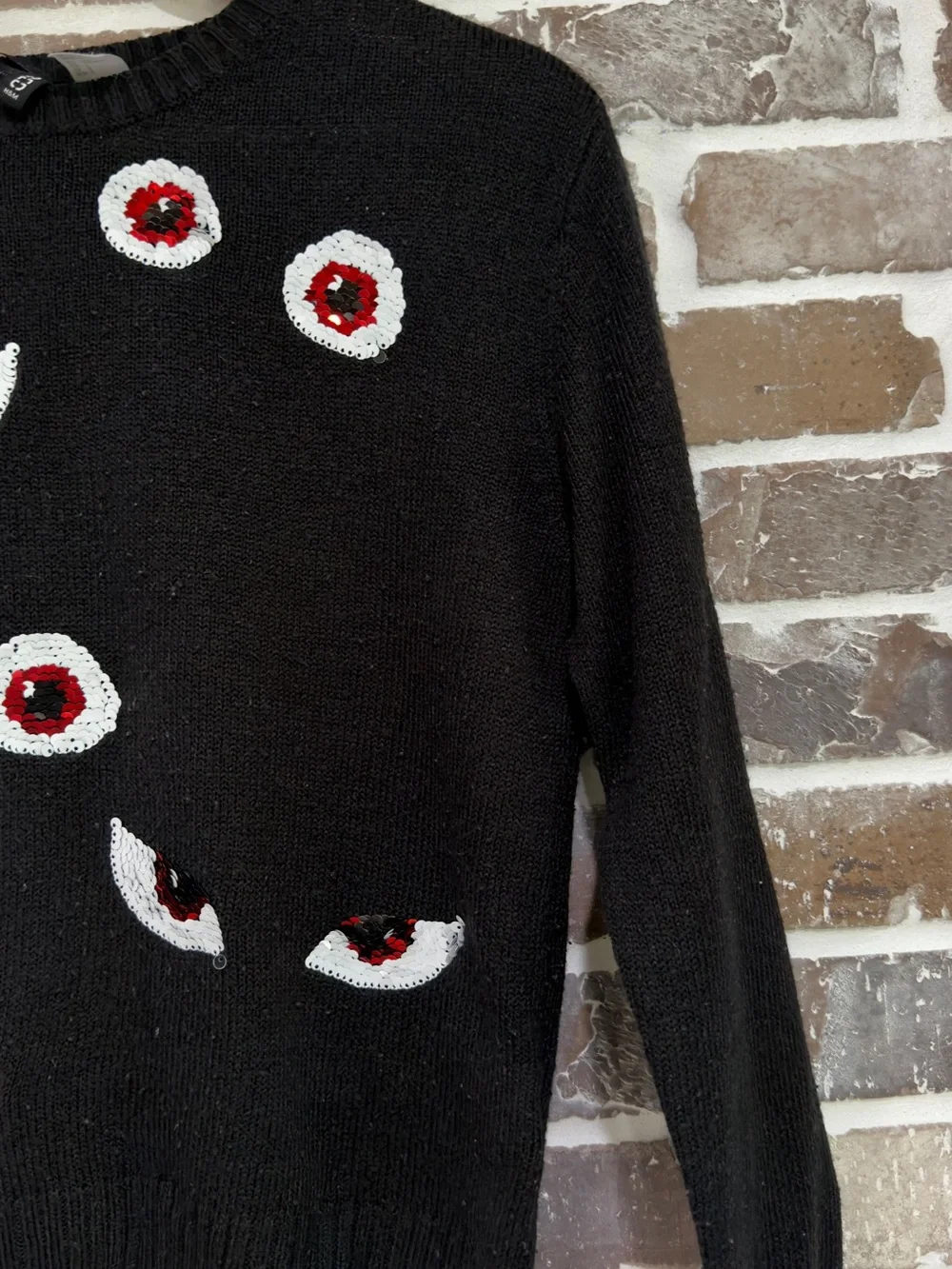 H&M Black Crewneck Knit Sweater with Red & White Sequin Eye Motifs, S - Picture 4 of 6